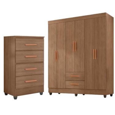 Imagem de Kit Guarda-Roupa Casal 6 Portas com Cômoda 4 Gavetas Lisa Carvalho Oak