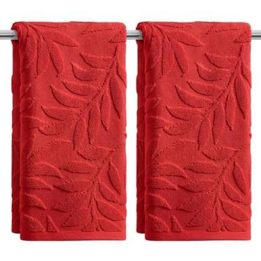 Imagem de Artoid Mode 2 peças de toalhas de mão de primavera jacquard de folhas 3D vermelhas para banheiro, 100% algodão macio absorvente toalha de decoração de banheiro, 14,7 x 29,5 polegadas