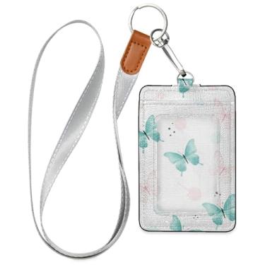 Imagem de Burbuja Porta-crachá de couro com cordão, etiqueta de identificação de borboletas em aquarela com 1 janela transparente para identidade e 2 compartimentos para cartão para escritório, enfermeira