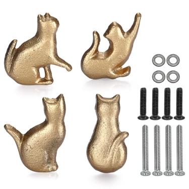 Imagem de JUXYES Conjunto de 4 puxadores vintage para gaveta de gato - Puxador de gaveta de ferro fundido antigo - Puxador decorativo retrô para armário de cômoda, dourado