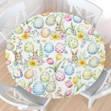 Imagem de Toalha de mesa redonda de coelho da Páscoa com borda elástica, impermeável, limpável, colorida, coelho, tulipas florais, capa de mesa para mesa elástica de 101,6 a 111,8 cm para jantares, ambientes