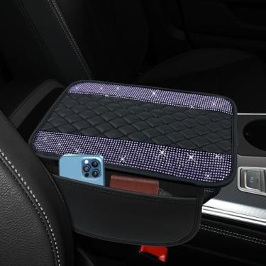 Imagem de ongfuwu Capa de couro brilhante para console central de carro, capa de descanso de braço automotivo de strass de cristal com bolsos laterais, protetor universal de apoio de braço para veículos