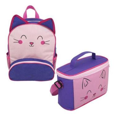 Imagem de Kit Mochila Infantil Lancheira Dinossauro Verde ou Gato Unissex Escola