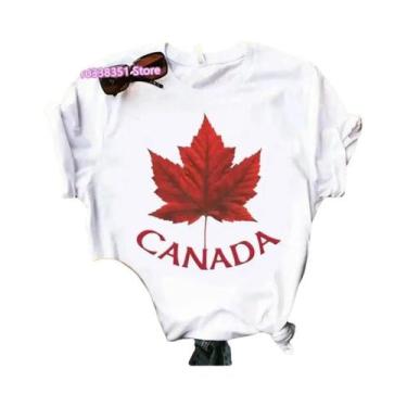 Imagem de Camiseta Feminina Solta Com Estampa De Bandeira De Folha De Ácer, Mang