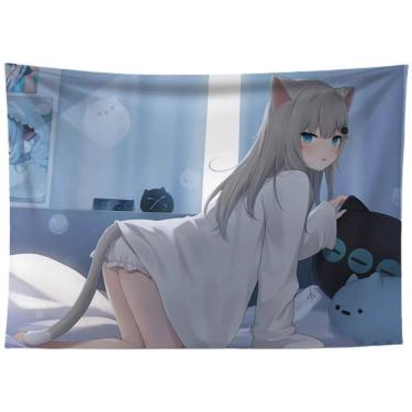 Imagem de Tapeçaria para pendurar na parede Cute Anime Cat Girl 100x150cm poliéster