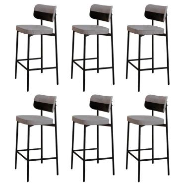 Imagem de Banqueta Alta Bar Estofada Kit 6 Ella M25 Linho Cinza Cl-preto - Mpozenato