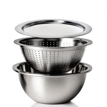 Imagem de Conjunto de Bowls Tigelas 3 em 1 Inox Com Tampa Escorredor Bacia Salad