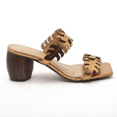 Imagem de Tamanco Sapato da Corte Salto Médio Tiras Folhas, Bronze, 37