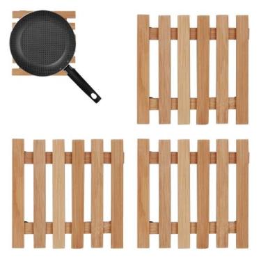 Imagem de Descanso De Panela Quadrado Madeira Ripado 14,5Cm Kit 03 Un - Art Hous