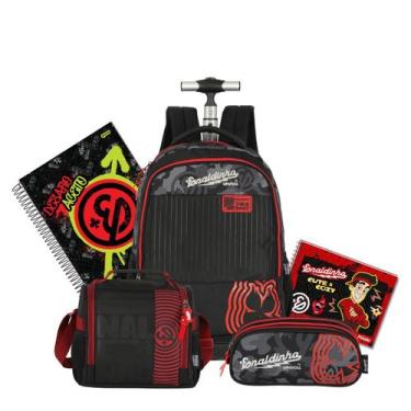 Imagem de Kit Mochila Enaldinho de Rodinhas Lancheira E Estojo Triplo, Preto