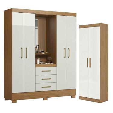 Imagem de Guarda Roupa Solteiro Paris 4 Portas 3 Gavetas Espelho Atacama Off White e Armário Multiuso Aramóveis