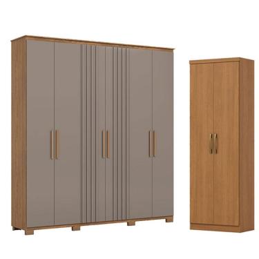 Imagem de Kit Guarda Roupa Casal Ávila D333 6 Portas de Bater 4 Gavetas com Armário Multiuso Margarida MDP Nature Avelã Móveis