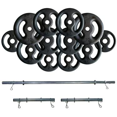 Imagem de Kit Anilhas De Ferro 52 Kg + 2 Barras 40 Cm + Barra 150