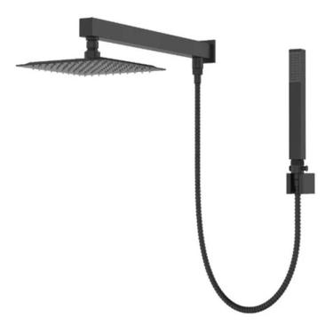 Imagem de Ducha Chuveiro Slim Prizi Quadrado 20x20cm Inox 304 Preto com Braço e Desviador