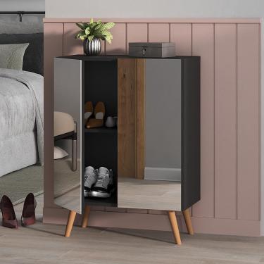 Imagem de Sapateira 2 Portas Retrô com Espelho Nina Multimóveis Preta/Natural