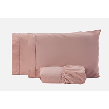 Imagem de Jogo De Lençol Para Cama Casal Queen 03 Peças Ponto Palito Percal 180 Fios Algodão (ROSÊ)