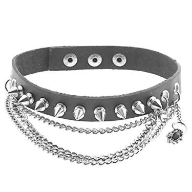 Imagem de Zysta Gargantilha de couro genuíno unissex com rebite com rebite gótico colar corrente gótico punk rocker fantasia preta, Couro