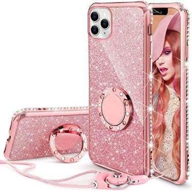 Imagem de Capa de diamante para iPhone 11 Pro Max XS Max XR X Capa de cristal Glitter Bling Anel Suporte para iPhone 12 7 8 Plus X Capa Para-choque, RoseGold RingLanyard, Para iPhone13 Pro Max