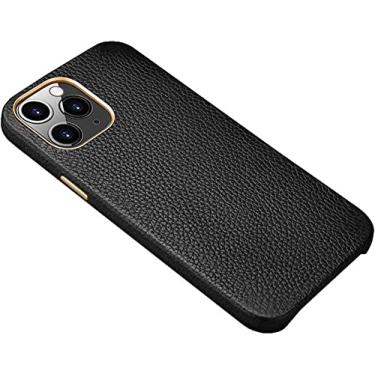 Imagem de HAODEE Capa de telefone de couro com padrão de lichia, capa traseira fina respirável à prova de choque para Apple iPhone 12 Pro (2020) 6,1 polegadas, protetor de tela (cor: preto)