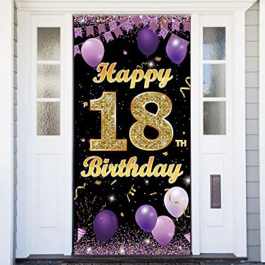 Imagem de 18th Birthday Door Banner Backdrop, Happy 18th Birthday Decorations for Girls Purple Gold, 18 Years Old Birthday Photo Props, Eighteen Birthday Party Sign Decor for Outdoor Indoor Sturdy, Vicycaty