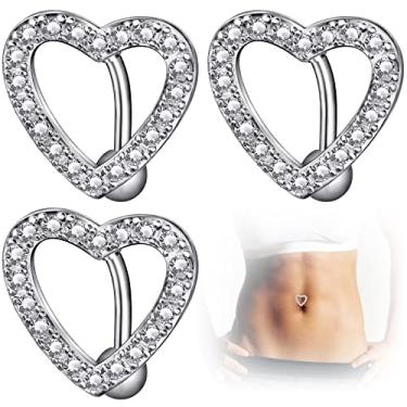 Imagem de PAGOW 3 peças de anéis de umbigo de coração, anéis de barriga de aço cirúrgico hipoalergênico, 14G Pave CZ cristal strass reverso articulado de cima para baixo umbigo para mulheres meninas, Metal, Pedra dourada