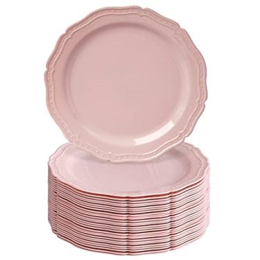Imagem de CountrySide Pratos de sobremesa vintage de plástico blush em relevo para festa (20 peças) Conjunto de jantar descartável resistente de 19 cm, pratos finos de aparência chinesa e pratos descartáveis