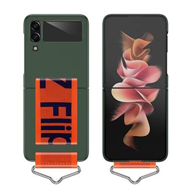 Imagem de Estojo de telefone com alça de mão fashion para Samsung Galaxy Z Flip 4 ZFlip 3 5G Ultra Fino Plástico Duro Pulseira Anel, K10, Verde Escuro, Para SAM Z Flip3