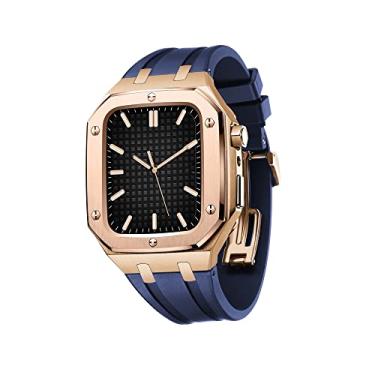 Imagem de MAALYA para pulseira de relógio Apple 45mm 44mm homens mulheres capa protetora de metal à prova de choque com pulseira de silicone (cor: azul rosa, tamanho: 44mm para 6/5/4/SE)