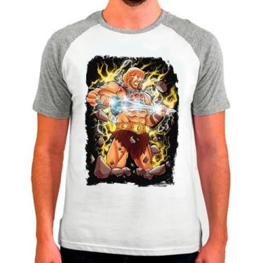 Imagem de Camiseta Raglan Desenho He-Man Cinza Branca Masculina15 - Design Camis