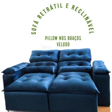 Imagem de Sofá Retrátil E Reclinável Com Pillow Azul Veludo - Veneza Estofados
