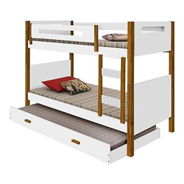 Imagem de Beliche solteiro com cama auxiliar + 3 colchões e grade de proteção Heloisa Branco e mel