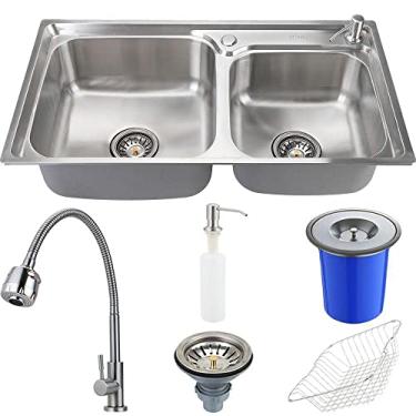 Imagem de Pingoo.Casa, Kit Cuba para Cozinha com Acessórios e Lixeira, Pia Dupla, Gourmet, Aço Inox, Potiguara e Torneira, Aço inox 304, Jaguaribe, Prata