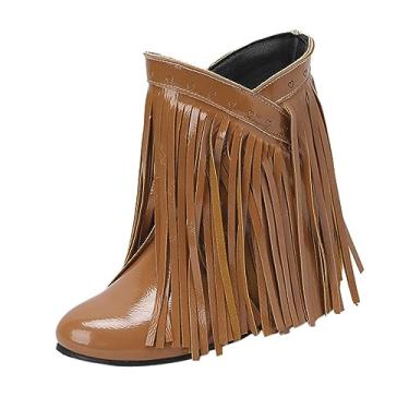 Imagem de Botas de cowboy femininas, outono e inverno, botas femininas de tamanho grande, borlas da moda, cabeça redonda e meias de cano alto plataforma Zíper lateral Joelho alto de de botas J100-Marrom