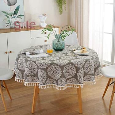Imagem de HQJHQS Toalha de mesa redonda fazenda linho de algodão listrado com borla toalha de mesa amarelo bege cinza seta toalha de mesa para cozinha jantar mesa decoração de tecido 39 polegadas 100 cm