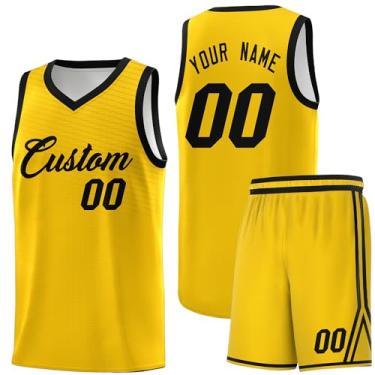 Imagem de Camiseta personalizada de basquete Jersey uniforme atlético hip hop impressão personalizada número de nome para homens jovens, Amarelo e preto-08, One Size