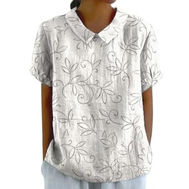 Imagem de Blusa feminina de linho com lapela floral e gola redonda com botões soltos camiseta casual camisetas fofas, Transparente., M