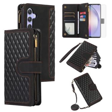 Imagem de Asuwish Capa de celular para Samsung Galaxy A55 5G com protetor de tela de vidro temperado e alça de pulso transversal de couro flip zíper suporte para cartão de crédito celular A 55 55A A555G