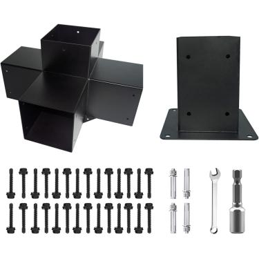 Imagem de ITeVe.GD Kit DIY Pergola. 10 cm x 10 cm (tamanho interno: 8,9 x 8,88 cm) 5 vias suporte de madeira e pós aco, kit de suporte de madeira elevada revestido com pó preto para vigas de madeira, pérgola,