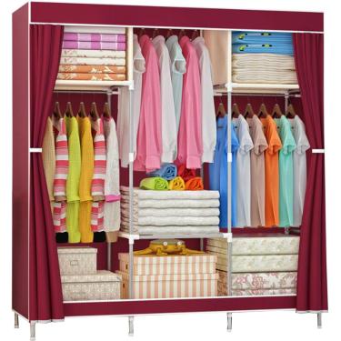 Imagem de Guarda-roupa de lona Guarda-roupa de tecido Guarda-roupa dobrável Organizador de armazenamento de armário com trilho suspenso, prateleiras de guarda-roupa para quarto, vermelho, 105x46x156cm