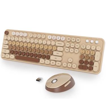 Imagem de Fogruaden Combo de teclado e mouse sem fio, máquina de escrever retrô, teclado de tamanho completo com teclado numérico e mouse fofo, teclado de computador colorido gradiente para Windows, PC,