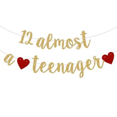 Imagem de 12 faixas douradas com glitter quase um adolescente, guirlanda de aniversário de 12 anos, suprimentos de decoração de festa de aniversário de 12 anos. Já rosqueado.