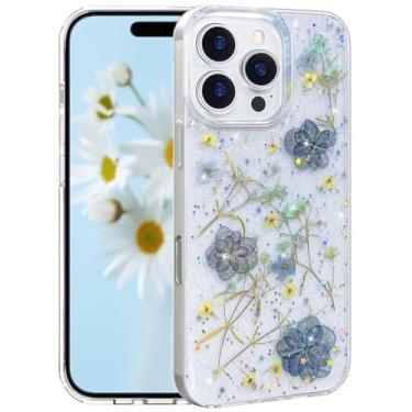 Imagem de CEOKOK Capa transparente para iPhone 13 Pro com design de flores prensadas de verdade com glitter azul brilhante seco padrão floral fino macio TPU protetor feminino feminino capa de telefone para