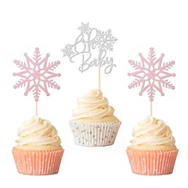 Imagem de Rsstarxi 24 Pack Snowflake Oh Baby Cupcake Toppers Glitter Winter Frozen Theme Oh Baby Snowflake Cupcake Picks Decoration for Baby Shower Kids Birthday Christmas Party Cake Decorations Silver Pink