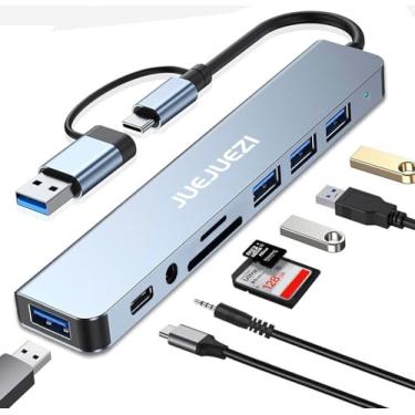 Imagem de JUEJUEZI Hub USB 3.0 adaptador multiportas 8 portas, alumínio USB e hub USB C 3.0 expansor, divisor 8 em 1, transferência rápida de data, áudio e portas TF/SD, para MacBook Pro/Air, Pad Pro/telefones