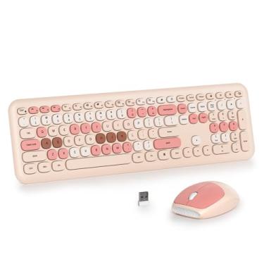 Imagem de iRoboosta Conjunto de teclado e mouse sem fio Milky Tea, teclado de máquina de escrever retrô de 2,4 GHz, teclado fofo de tamanho completo com teclado numérico, teclados silenciosos para casa e