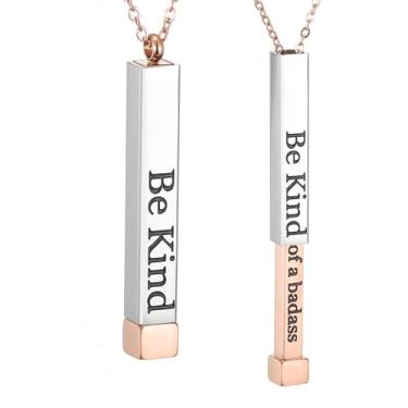 Imagem de SKQIR Be Kind of a Badass Colares femininos com mensagem oculta para melhores amigas irmãs, presentes inspiradores engraçados, colares com pingente de barra vertical, joias, presentes de mordaça para