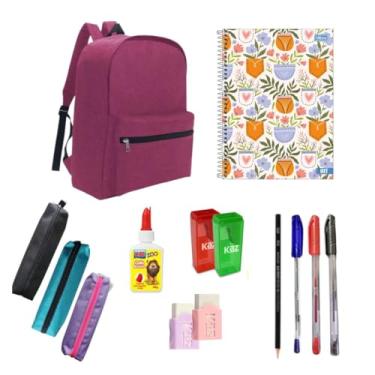 Imagem de Kit Material Escolar 11 itens Ensino Médio Fundamental Feminino Completo Mochila Estojo Canetas Lápis Cola Borracha