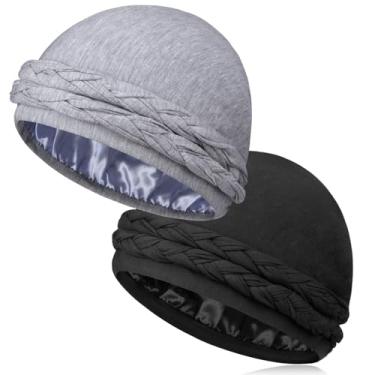 Imagem de MLTUARG 2 peças de turbante forrado de cetim para homens com tiras de torção longas, turbante halo, cachecol de cabeça de turbante masculino para cabelo, Preto + cinza claro, 1 Count (Pack of 2)
