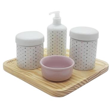 Imagem de Kit higiene bebê Poá 5 pçs -Molh. Rosa Porcelana e Bdj Pinus