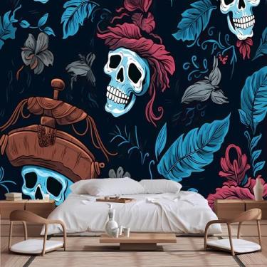 Imagem de Lcythiazole Papel de parede de caveira de tamanho personalizável mural papel de parede fantasma adesivos de parede flores e folhas papel de parede para sala de estar, quarto, restaurante